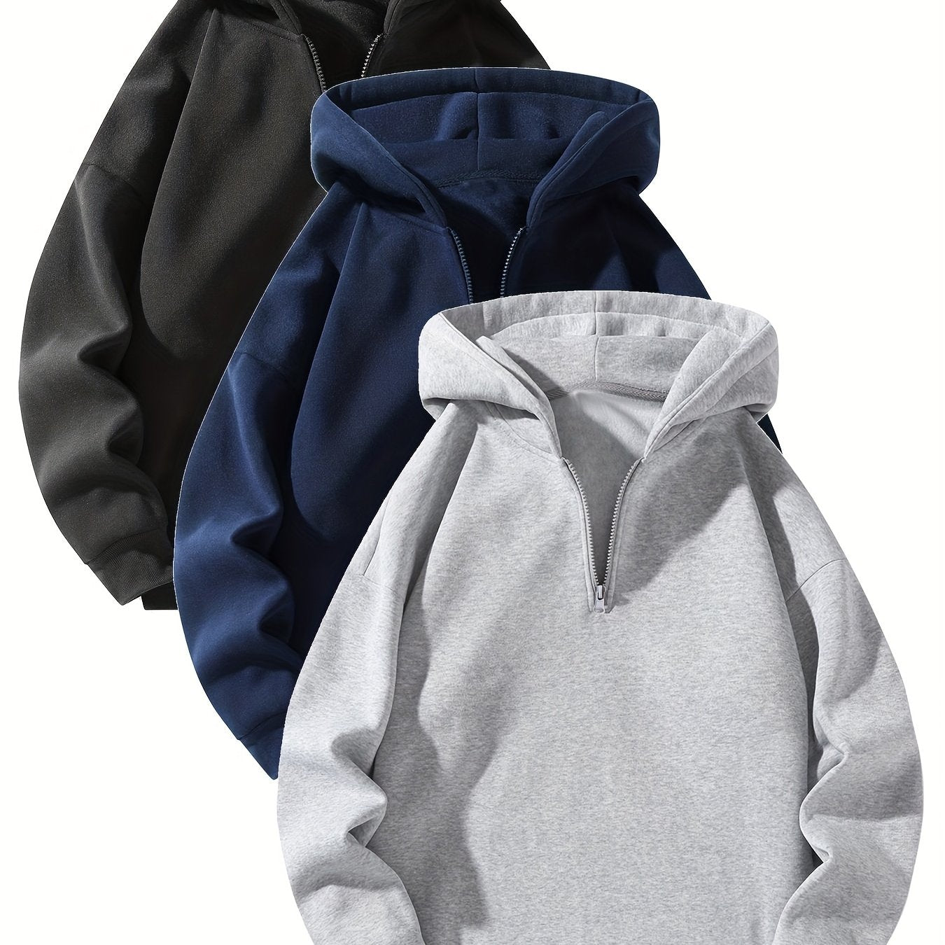 3pcs Fleece Hoodies 3pcs Men's Fleece-Lined Half-Zip Hooded Sweatshirts