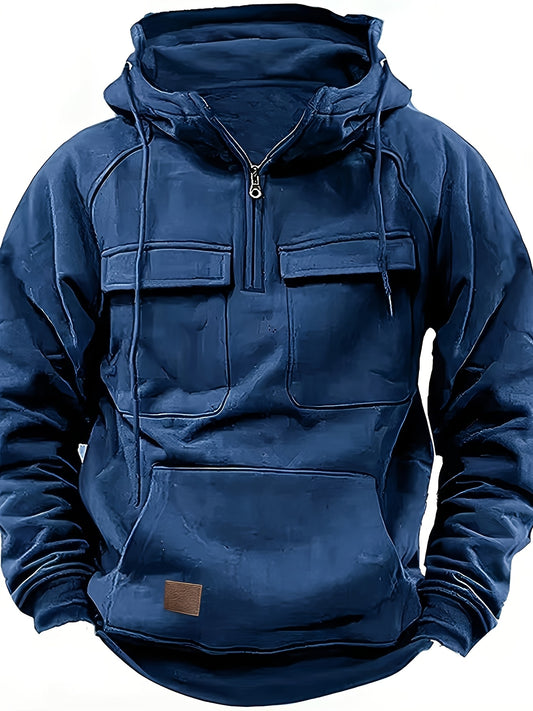 Men'S Heavy-Duty Hooded Sweatshirt Jacket - Zippered Workwear Pullover with Utility Pockets