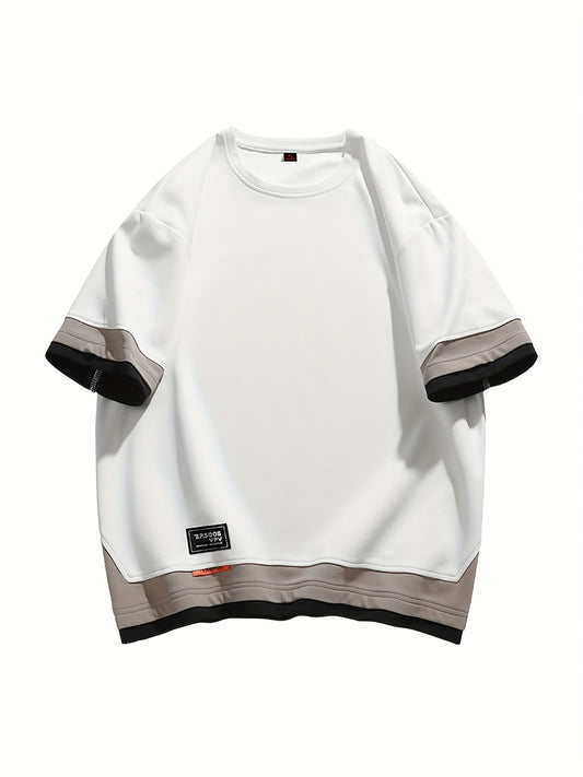 Men's Summer Short Sleeve T-Shirt - Color-Block Half-Zip Design, 100% Polyester Lightweight 100gsm