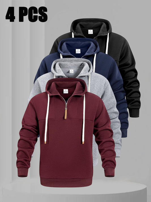 4pcs Men's Casual Patchwork Hooded Pullover Sweatshirt