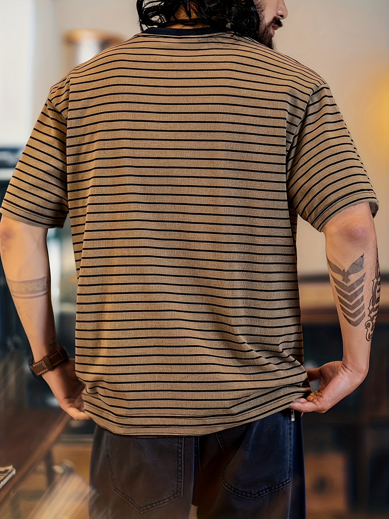 Men's Vintage Casual T-Shirt - Beige & Brown Horizontal Stripes