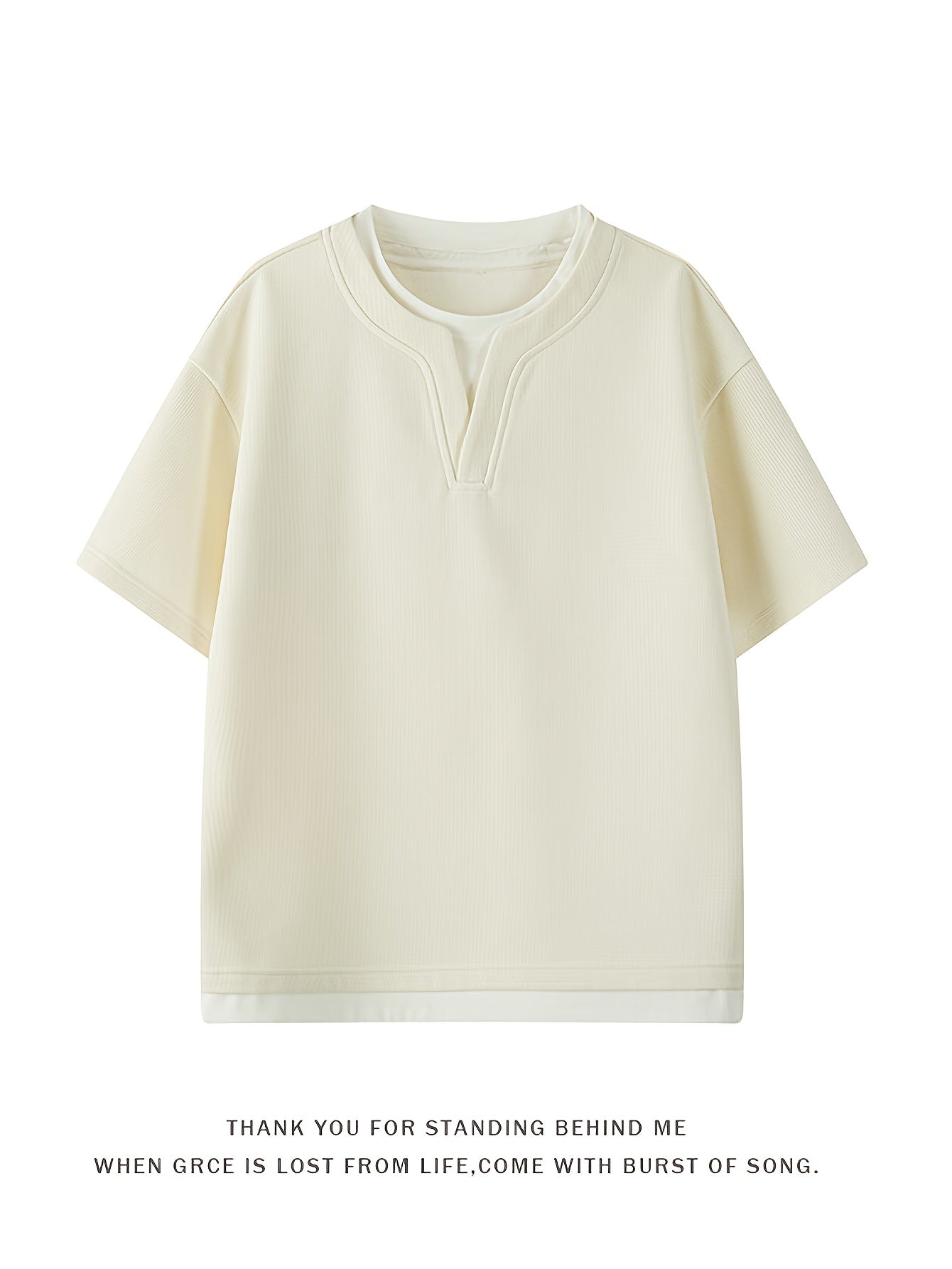 Casual T-Shirt OBM Men's Casual V-Neck Short Sleeve T-Shirt | Loose Fit Waffle Fabric, Solid Color with Contrast Trim