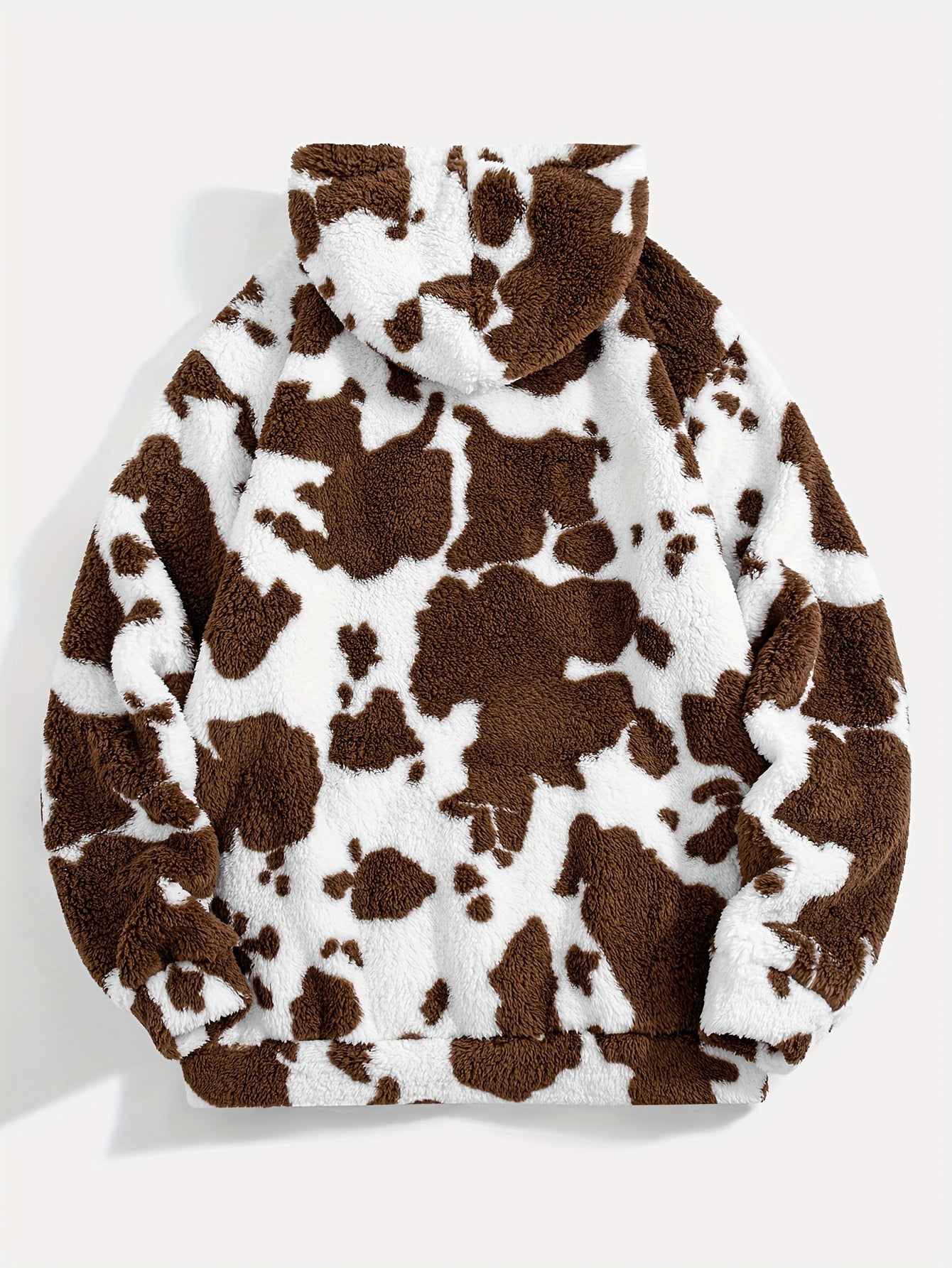 1pc Men'S Plush Hooded Sweatshirt - Soft Warm Winter Pullover with Brown & Cow Print