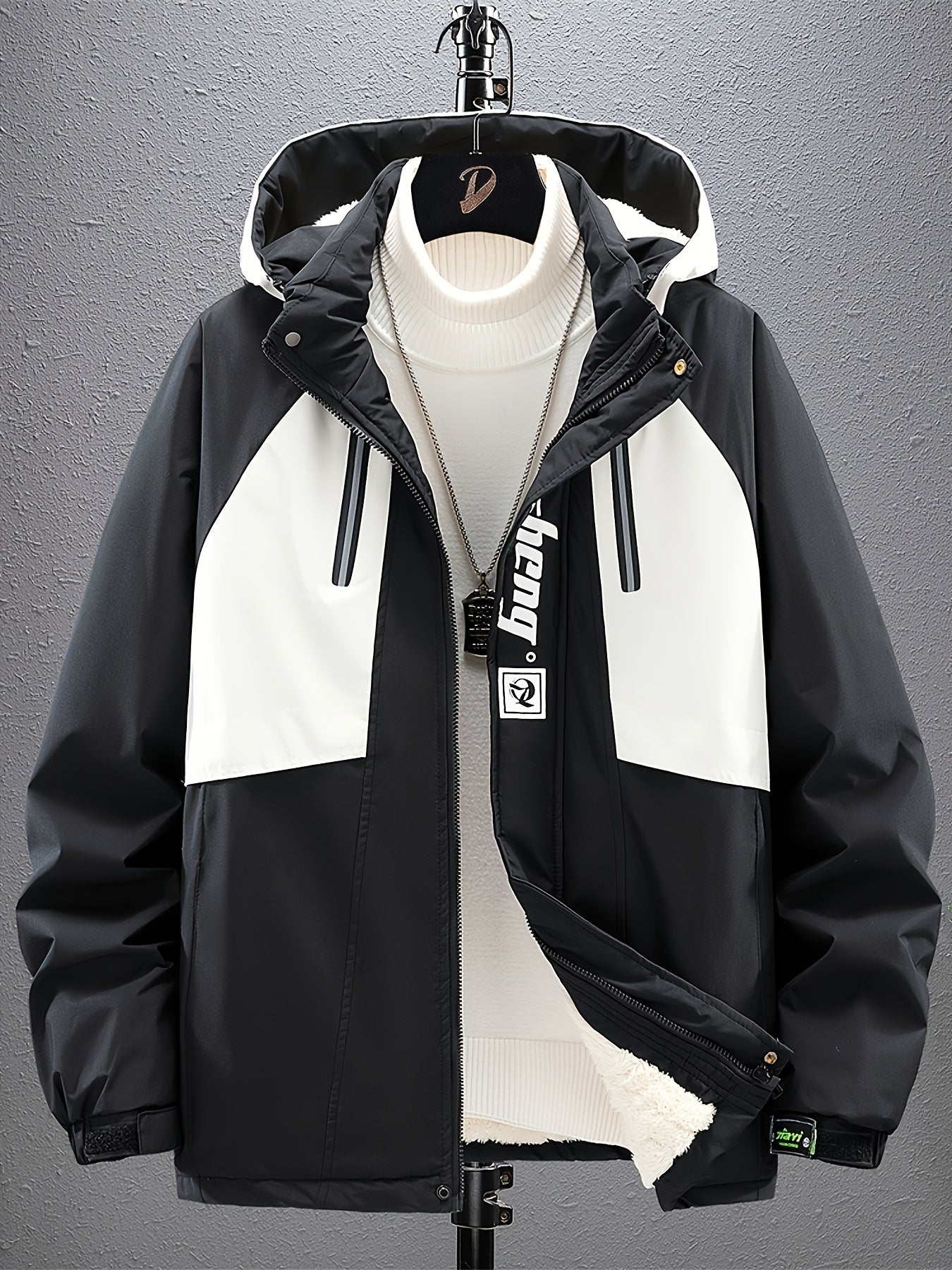Men's Sporty Fleece-Lined Hooded Jacket - Two-Tone Olive Green & White with Contrast Stripes