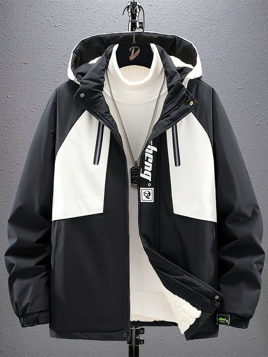 Men's Sporty Fleece-Lined Hooded Jacket - Two-Tone Olive Green & White with Contrast Stripes