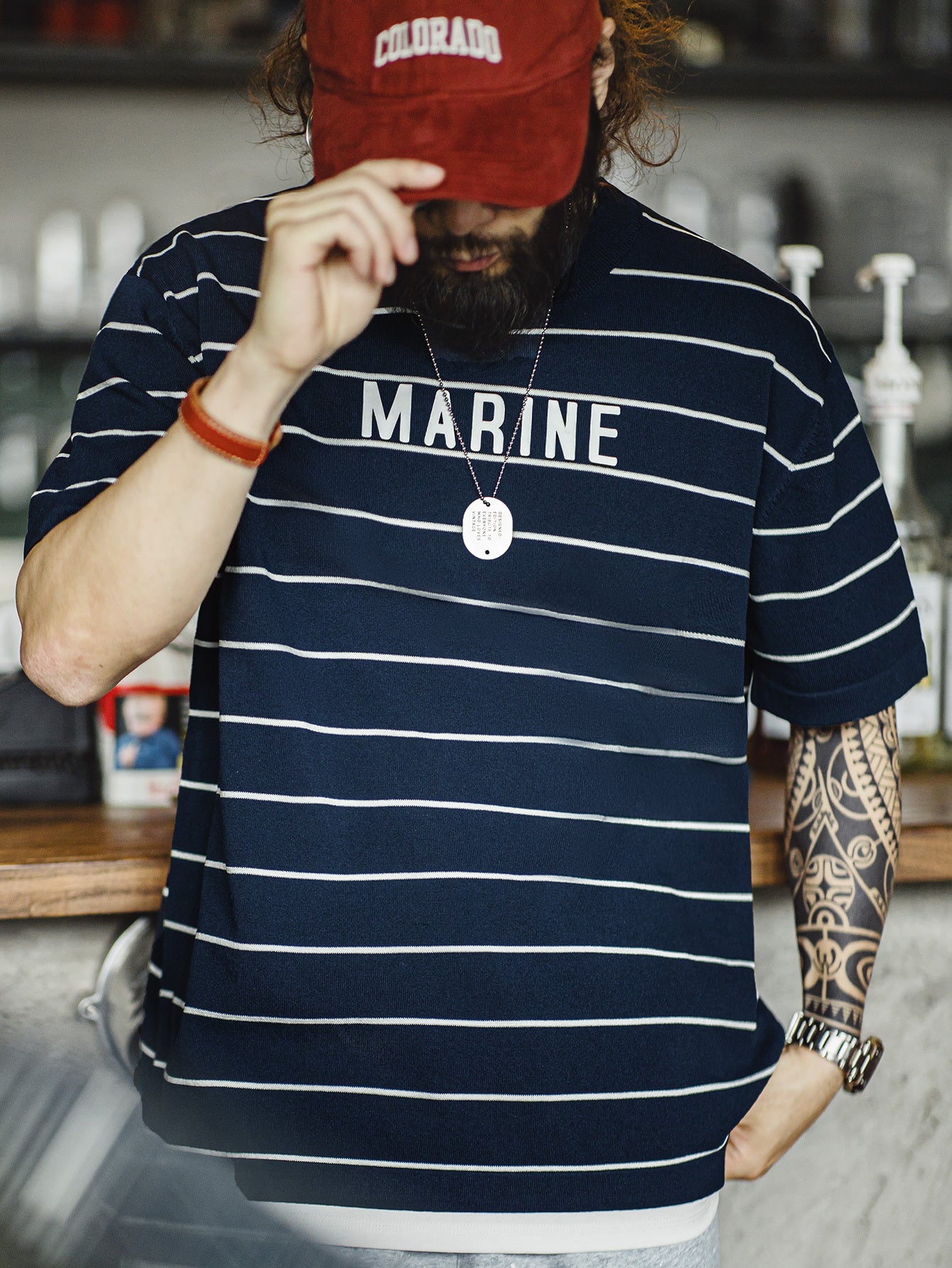 Men'S Vintage-Inspired Navy Blue & White Striped T-Shirt with \