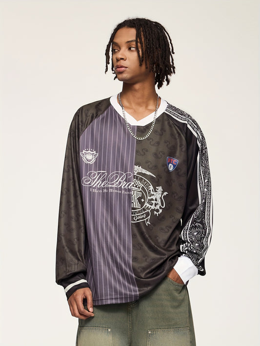 Men'S Vintage Baseball Graphic T-Shirt - Loose Fit Long Sleeve Tee with V-Neck