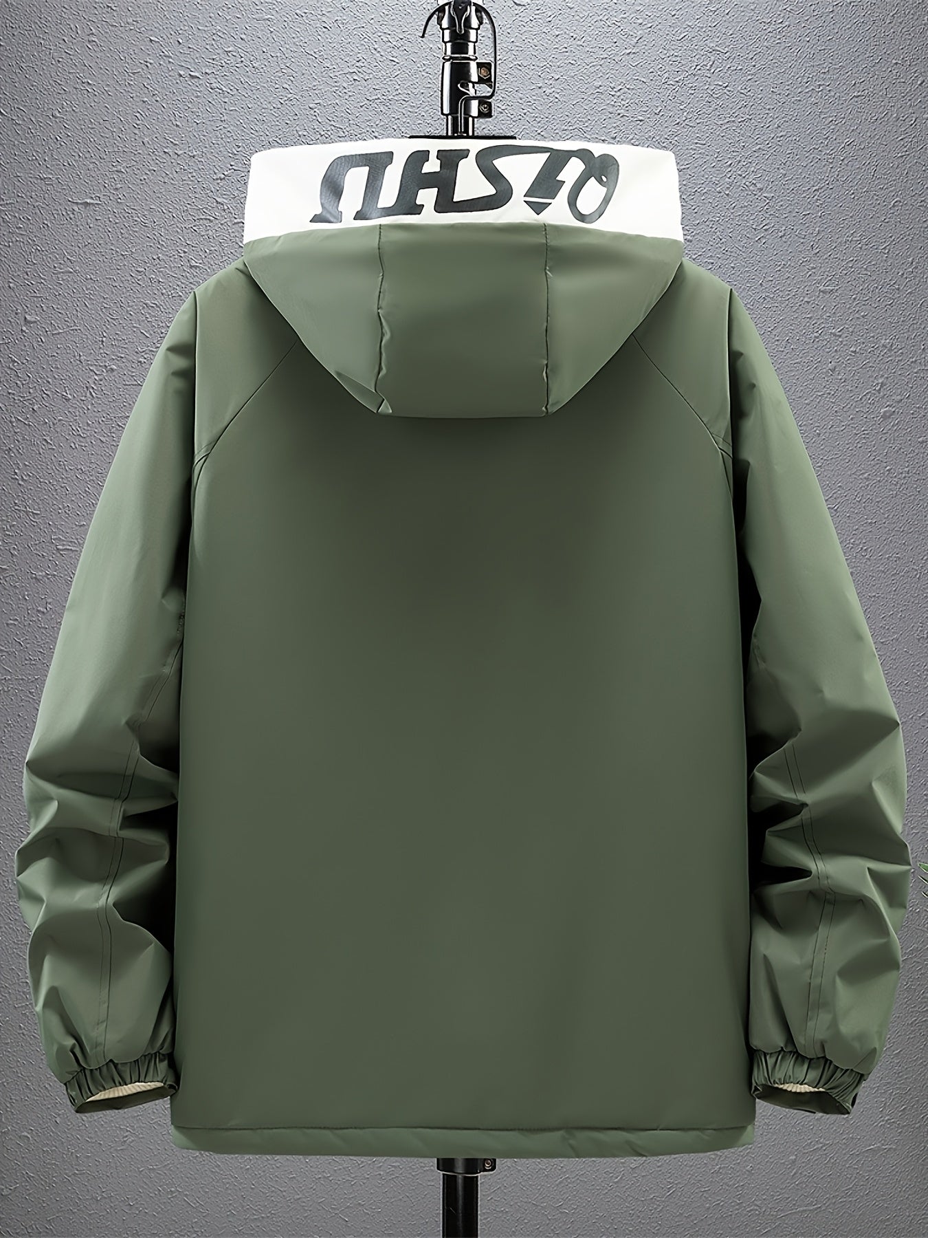 Men's Sporty Fleece-Lined Hooded Jacket - Two-Tone Olive Green & White with Contrast Stripes