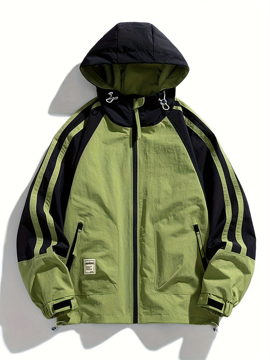 Polyester Hooded Jacket Polyester Men's Casual Hooded Jacket | Color-Block Design, Loose Fit