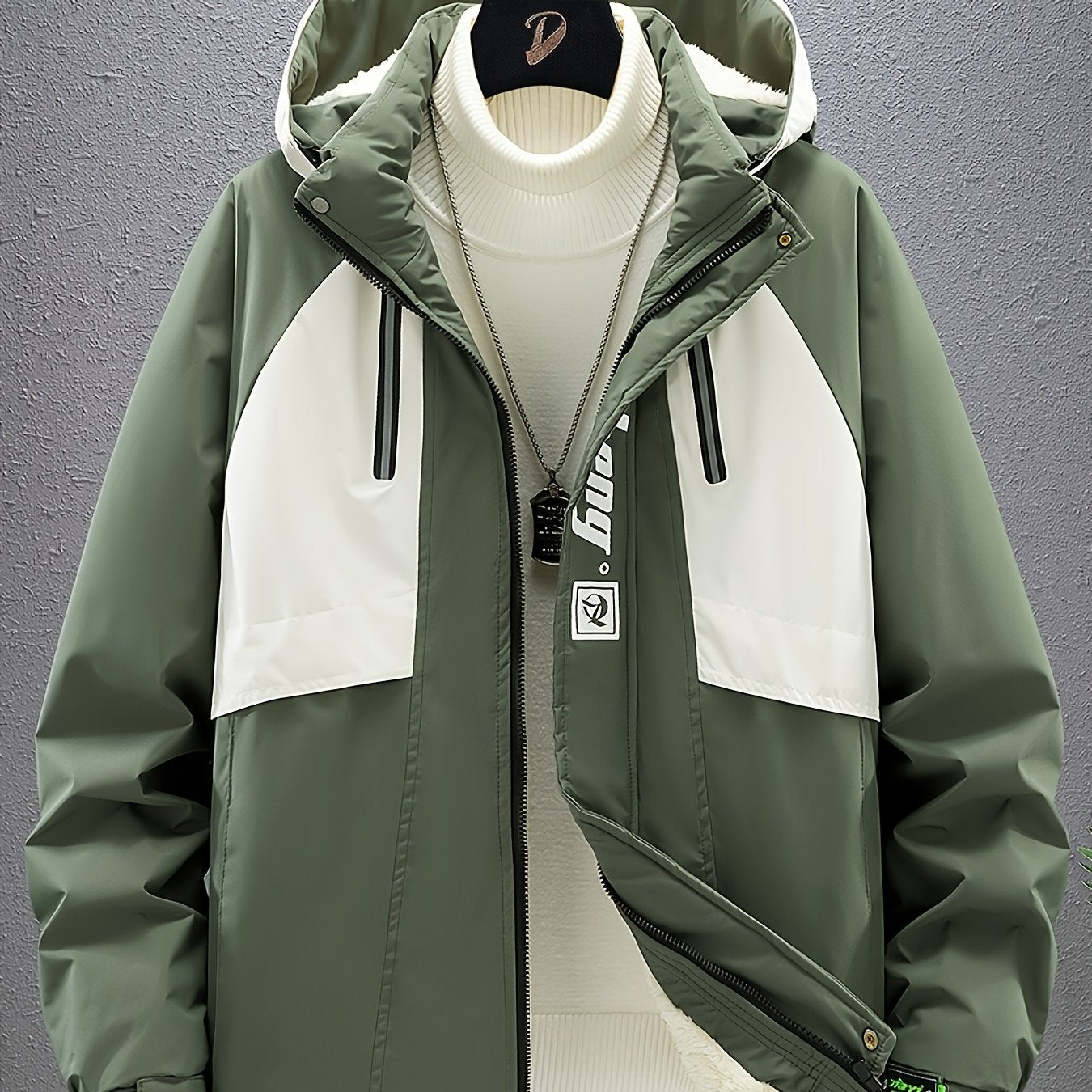 Men's Sporty Fleece-Lined Hooded Jacket - Two-Tone Olive Green & White with Contrast Stripes