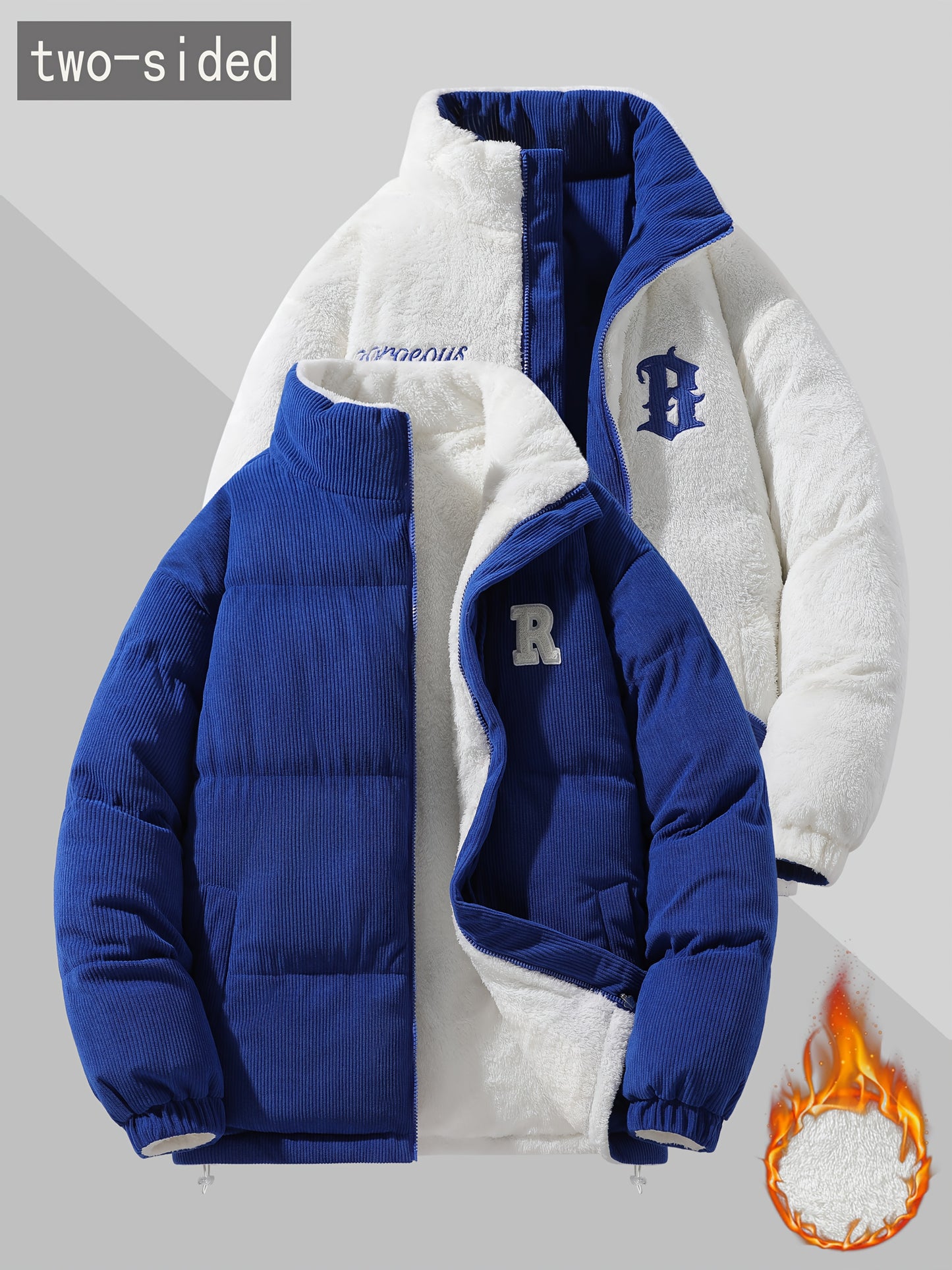 Men's Reversible Winter Jacket with Fleece Lining - Two-Sided Full-Zip Coat, Stand Collar & Logo Patch (R)