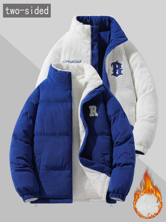 Men's Reversible Winter Jacket with Fleece Lining - Two-Sided Full-Zip Coat, Stand Collar & Logo Patch (R)