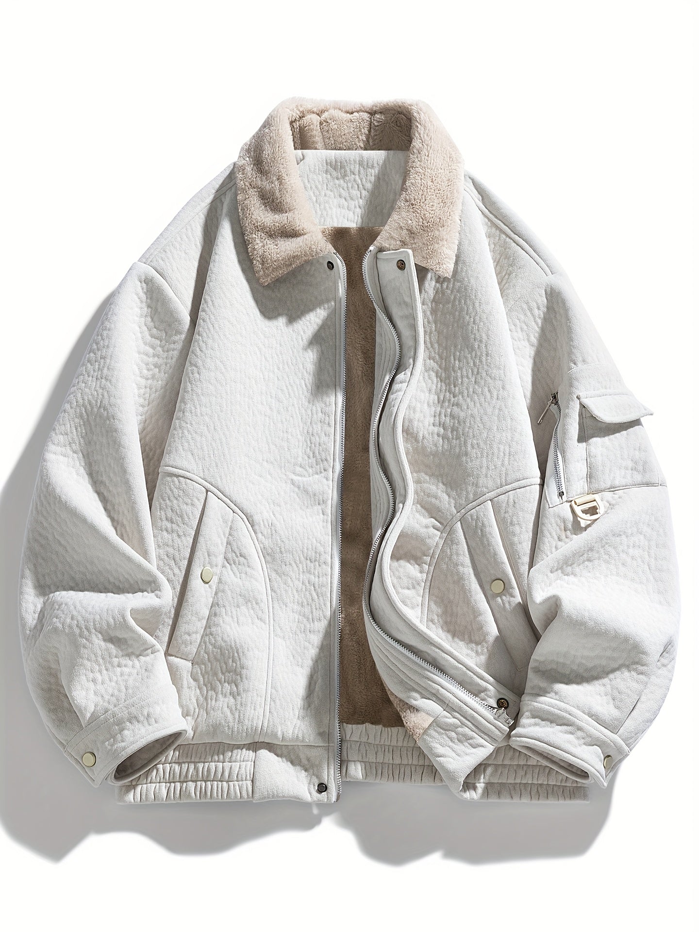 Men's Fleece Jacket with Full-Zip Closure & Fur Collar - Winter Warm Brown Coat