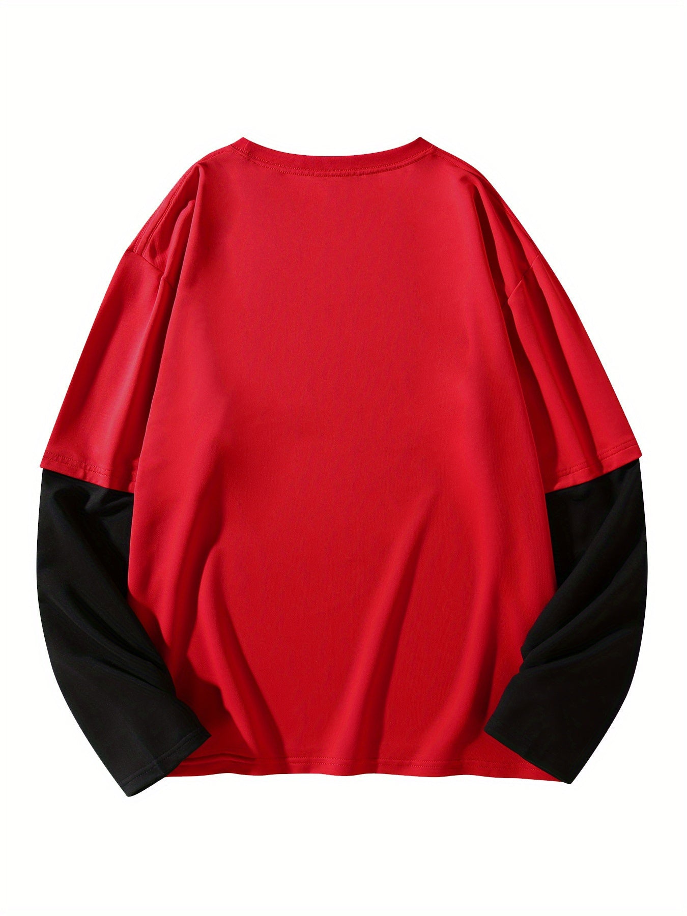 Color Matching Fake Two Men's Casual Loose Long-sleeved - Line Figure Printing T-shirts