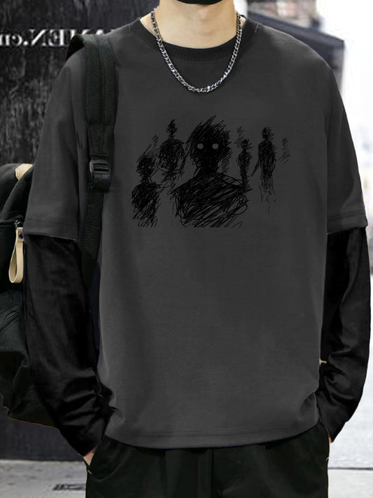 Color Matching Fake Two Men's Casual Loose Long-sleeved - Line Figure Printing T-shirts
