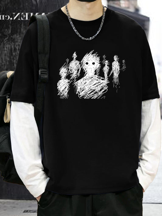 Color Matching Fake Two Men's Casual Loose Long-sleeved - Line Figure Printing T-shirts