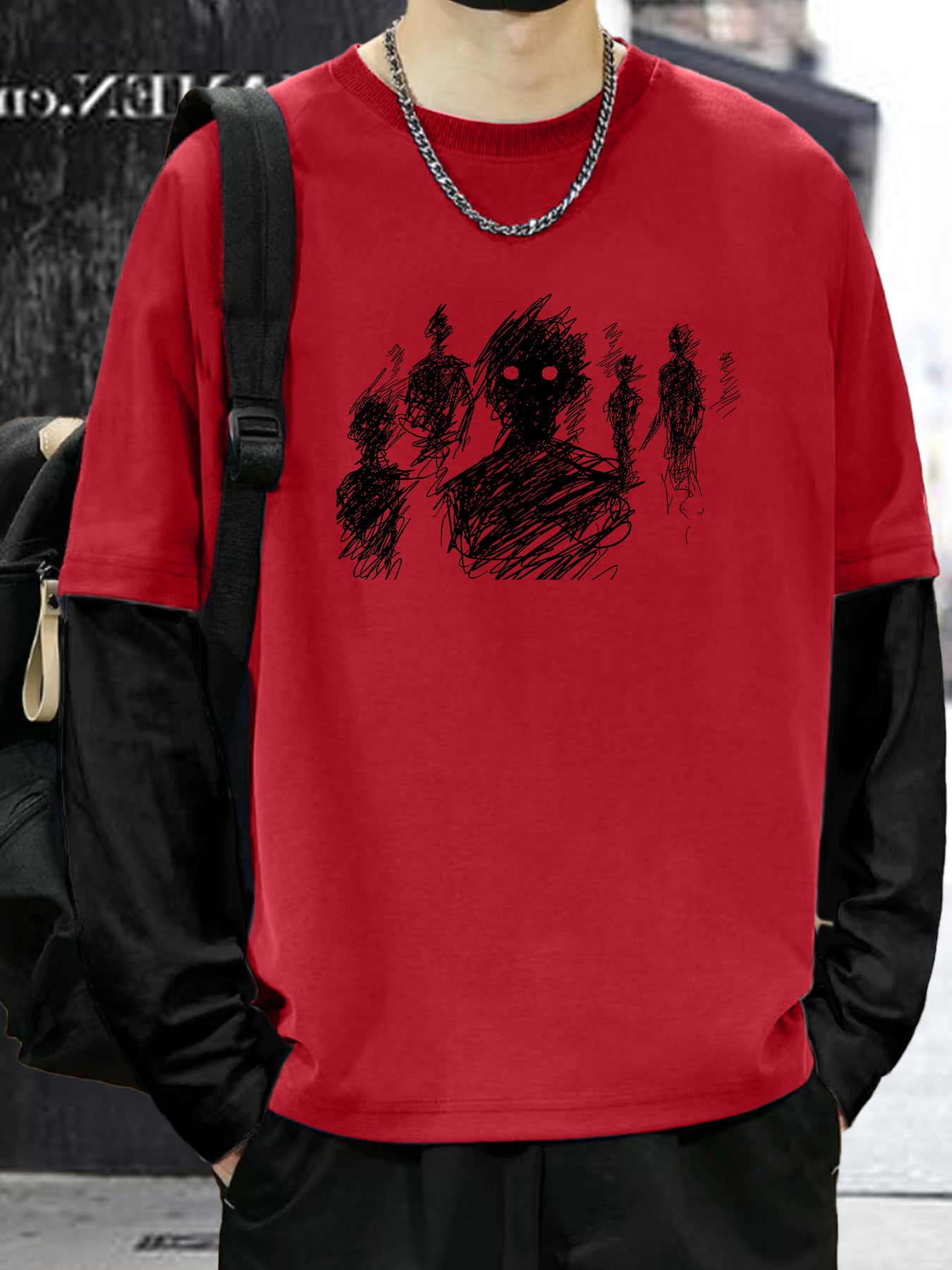 Color Matching Fake Two Men's Casual Loose Long-sleeved - Line Figure Printing T-shirts