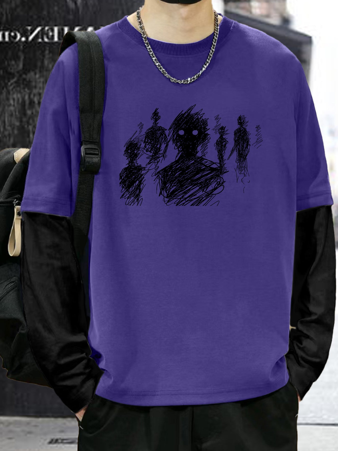 Color Matching Fake Two Men's Casual Loose Long-sleeved - Line Figure Printing T-shirts