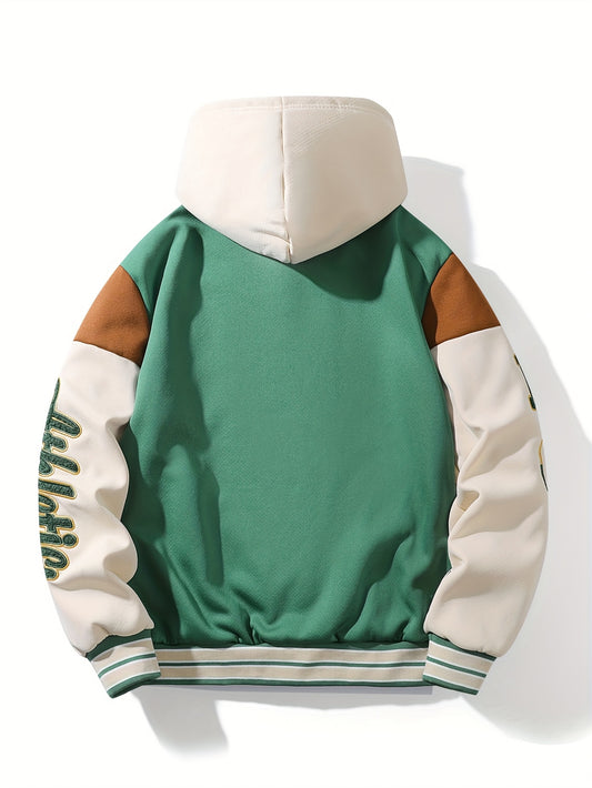 Men'S Casual Hooded Baseball Jacket with Embroidered Lettering, Color Block Design, Snap Closure
