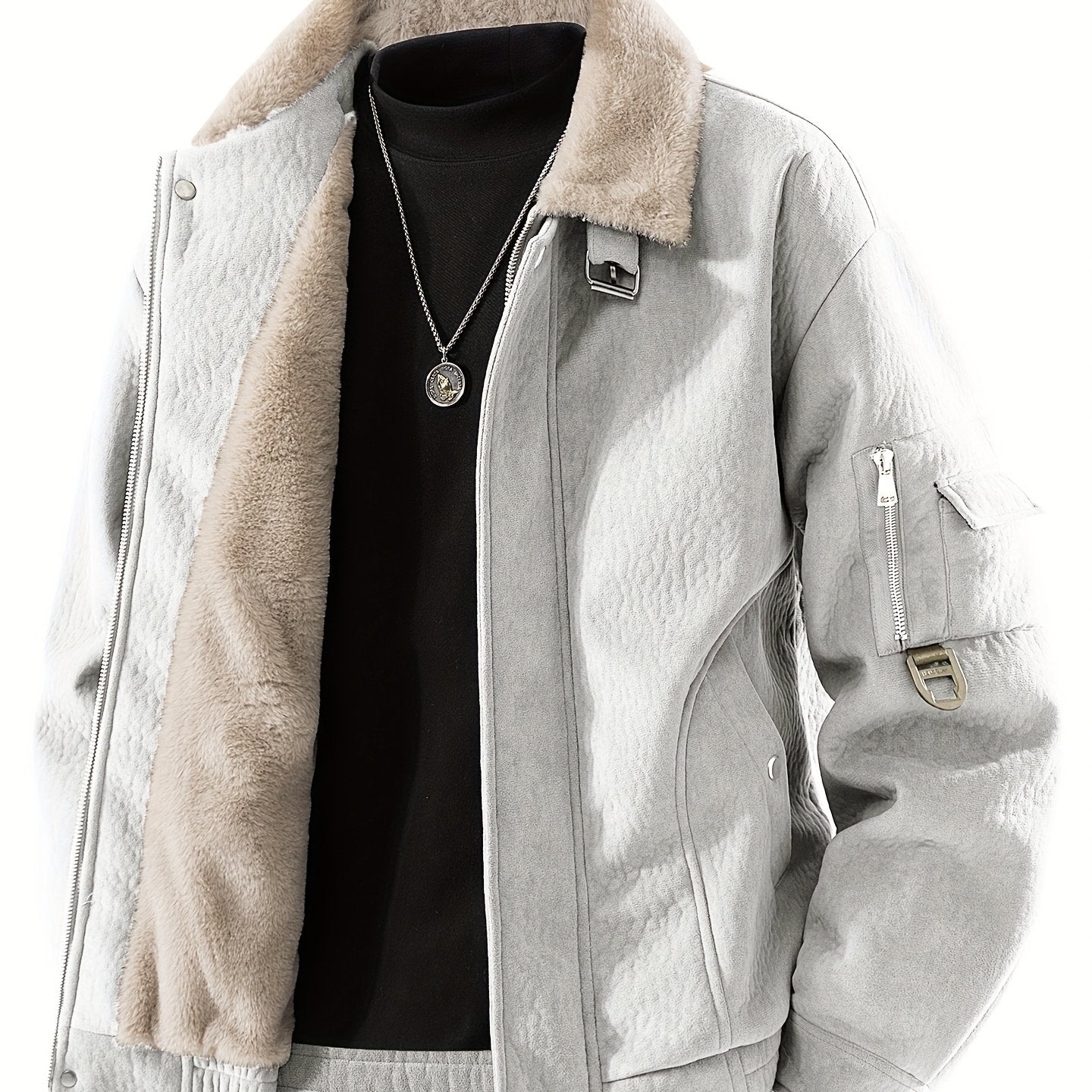 Men's Fleece Jacket with Full-Zip Closure & Fur Collar - Winter Warm Brown Coat
