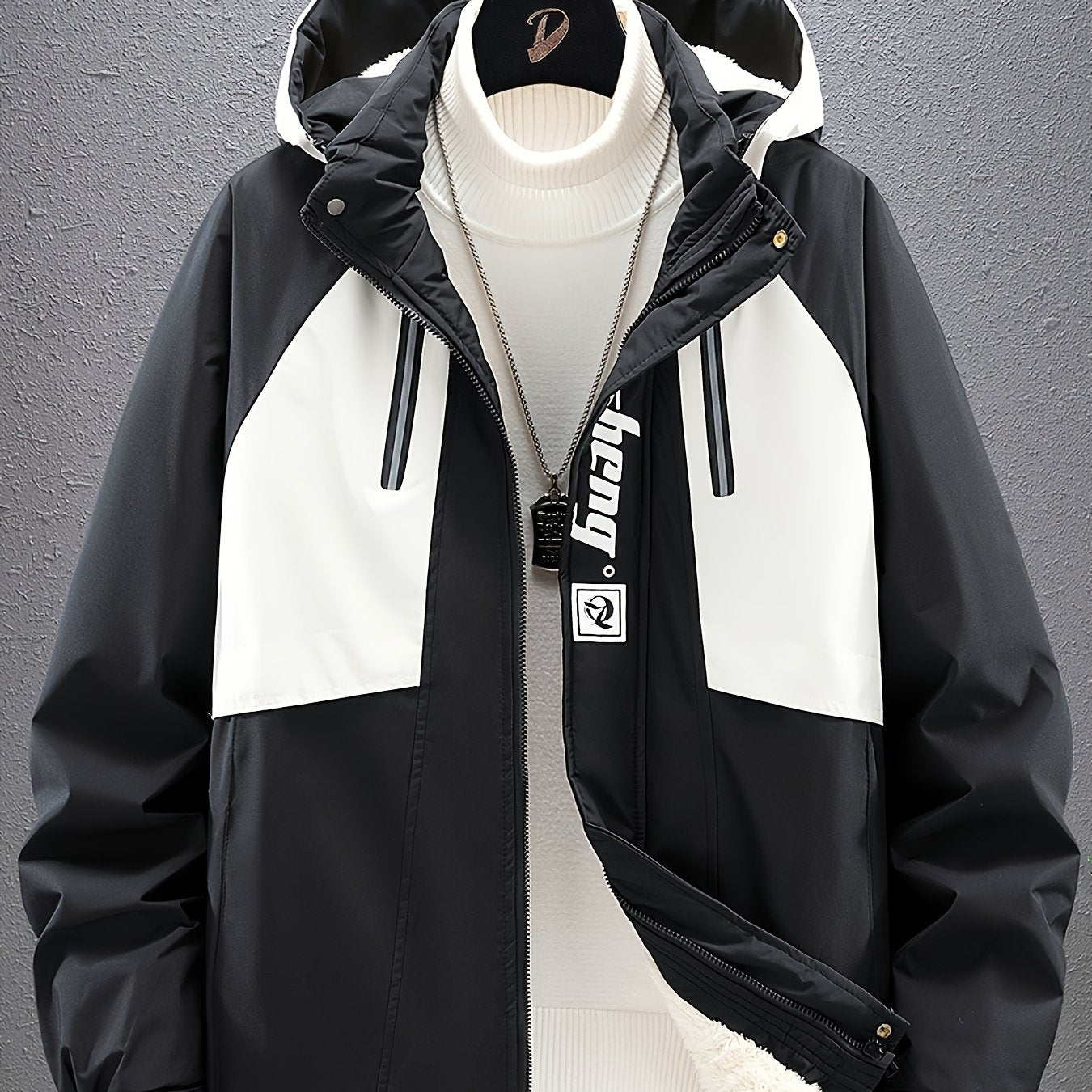 Men's Sporty Fleece-Lined Hooded Jacket - Two-Tone Olive Green & White with Contrast Stripes