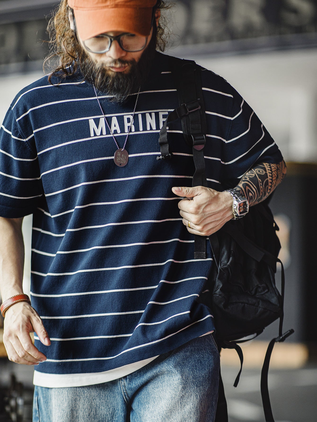 Men'S Vintage-Inspired Navy Blue & White Striped T-Shirt with \