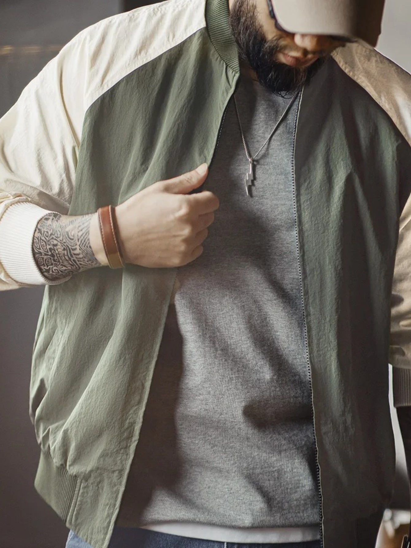 MADEN Men's Vintage MA1 Bomber Jacket - Olive Green & Contrast Zip-Up Baseball Collar