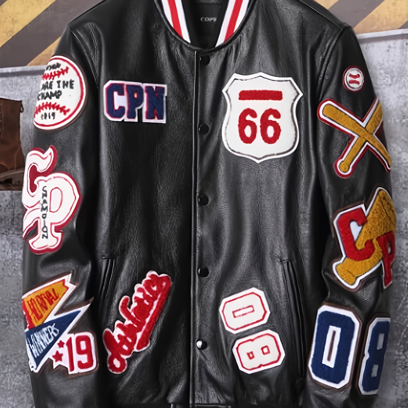 Men'S Embroidered Baseball Jacket, Casual Faux Leather with Polyester Lining, Stand Collar