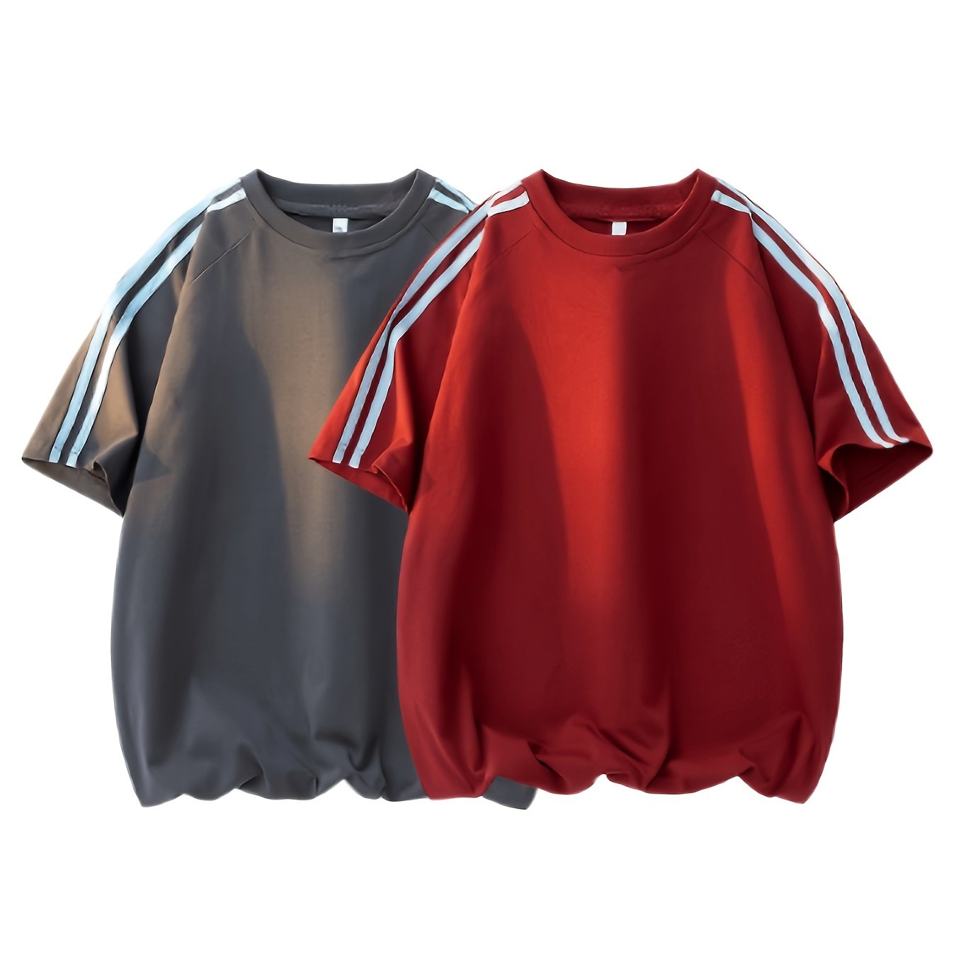2pcs Men'S & Women'S Short Sleeve T-Shirts with Side Stripes - Comfortable Lightweight Polyester