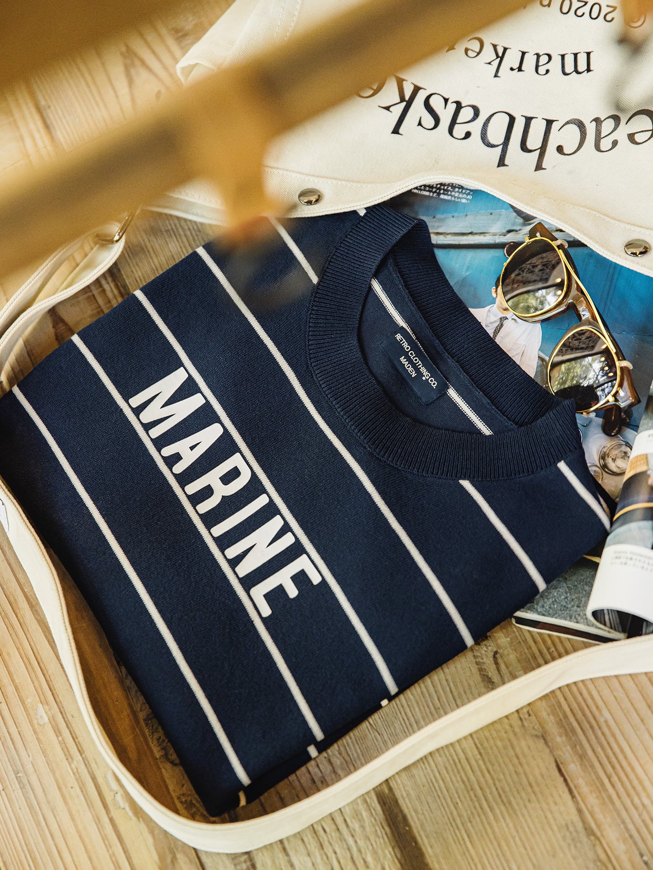 Men'S Vintage-Inspired Navy Blue & White Striped T-Shirt with \