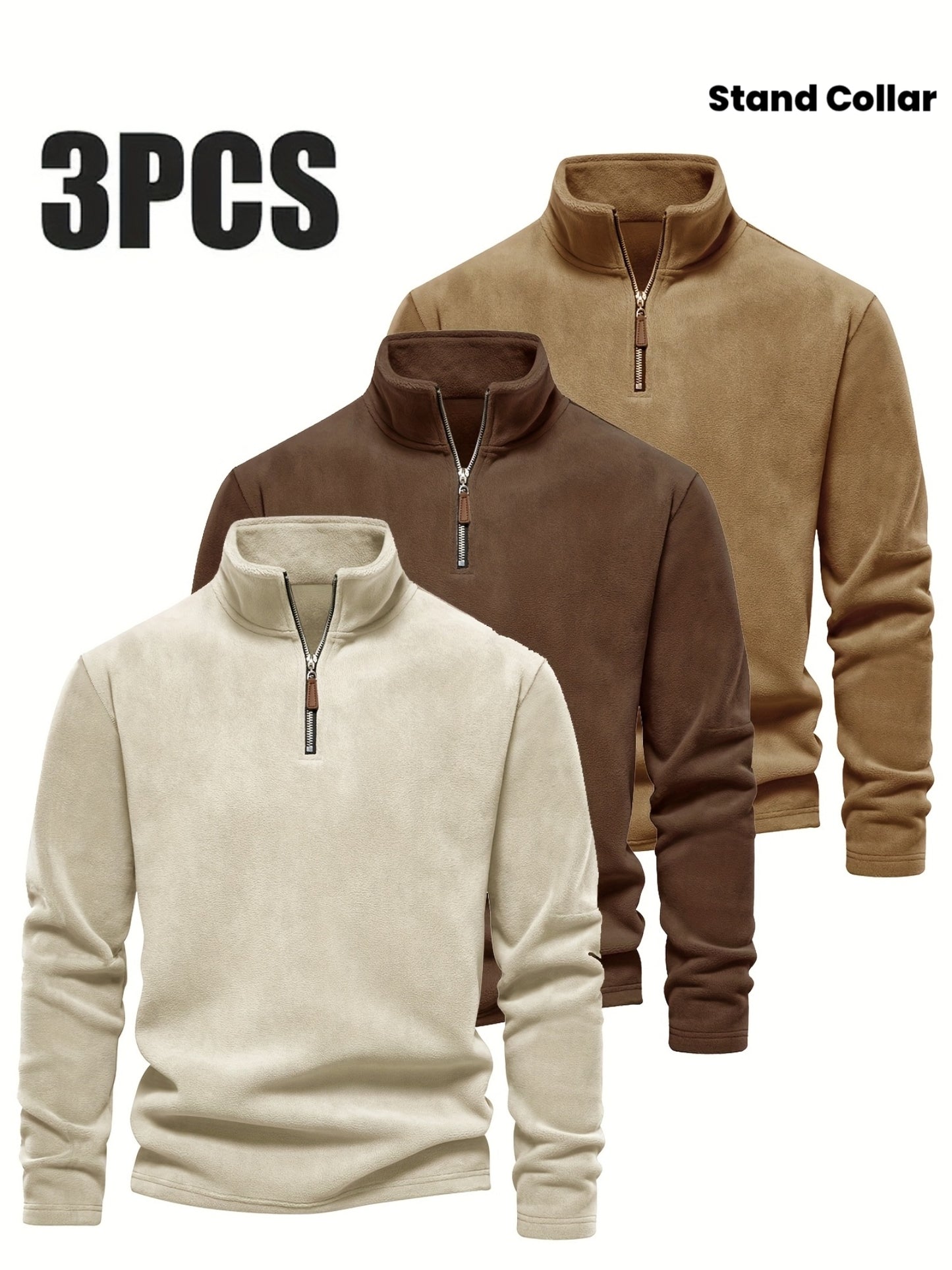 Men'S 3pcs Winter Fleece Half-Zip Pullover Set - Stand Collar Long Sleeve Casual Sweatshirts, Machine Washable