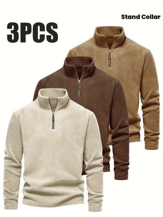 Men'S 3pcs Winter Fleece Half-Zip Pullover Set - Stand Collar Long Sleeve Casual Sweatshirts, Machine Washable