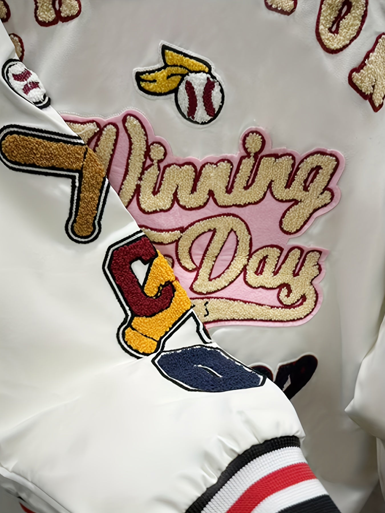Men'S Embroidered Baseball Jacket, Casual Faux Leather with Polyester Lining, Stand Collar