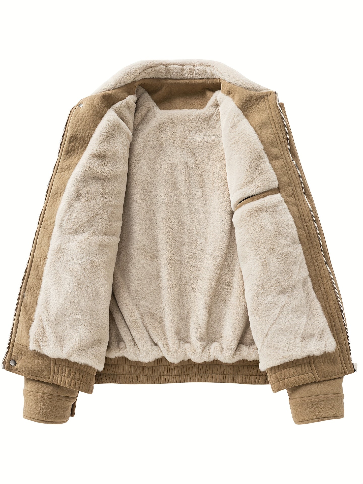 Men's Fleece Jacket with Full-Zip Closure & Fur Collar - Winter Warm Brown Coat