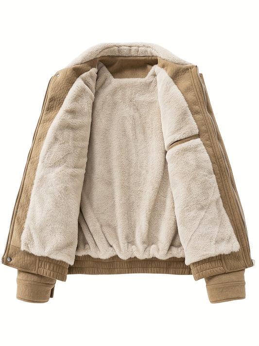 Men's Fleece Jacket with Full-Zip Closure & Fur Collar - Winter Warm Brown Coat