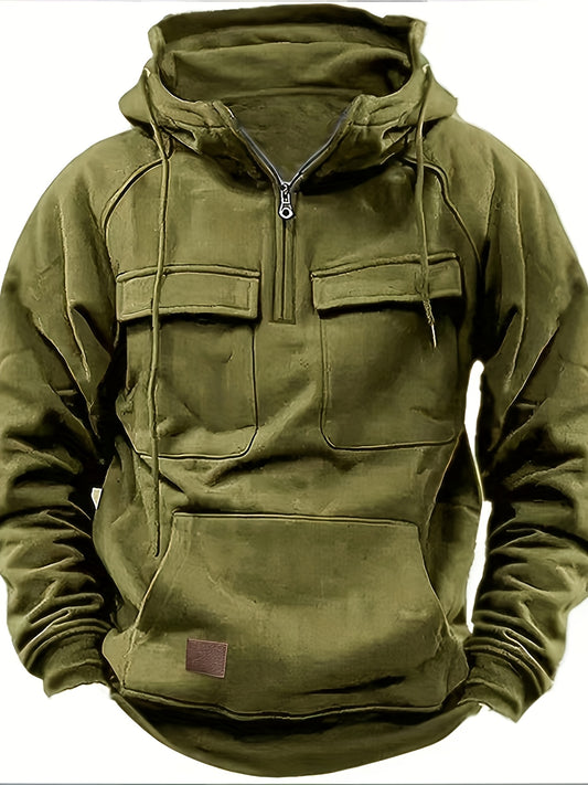 Men'S Heavy-Duty Hooded Sweatshirt Jacket - Zippered Workwear Pullover with Utility Pockets