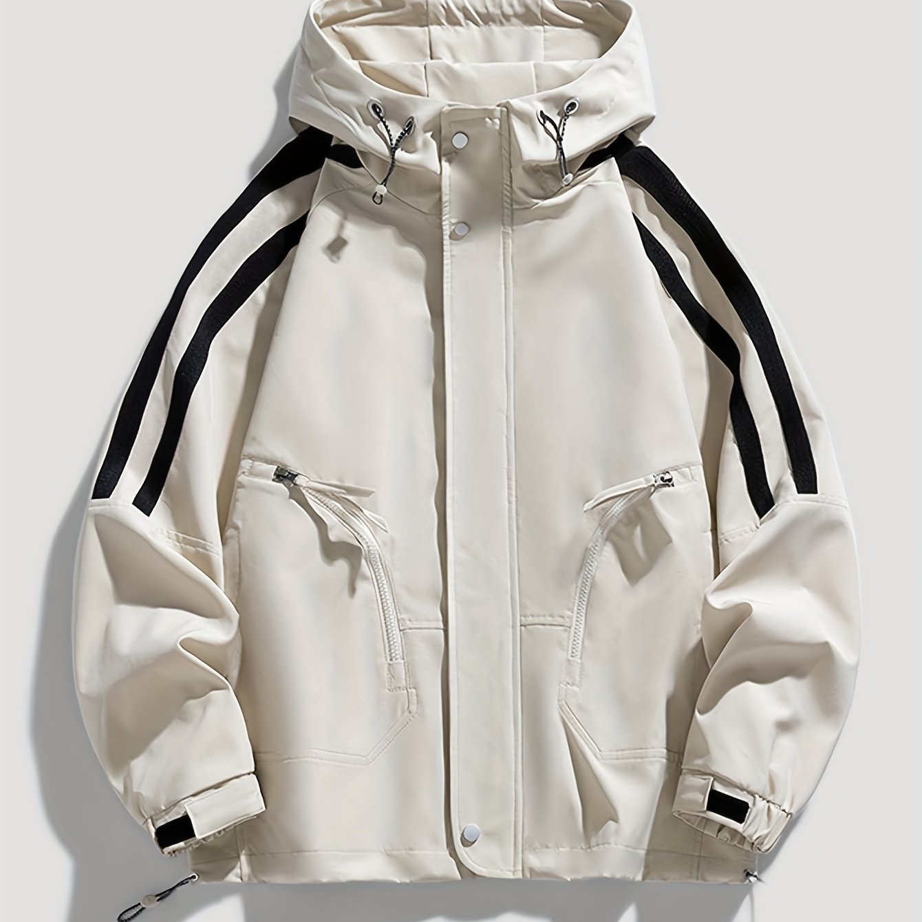 Men'S Casual Hooded Windbreaker Jacket - Loose Fit Striped Design with Black & White Stripes