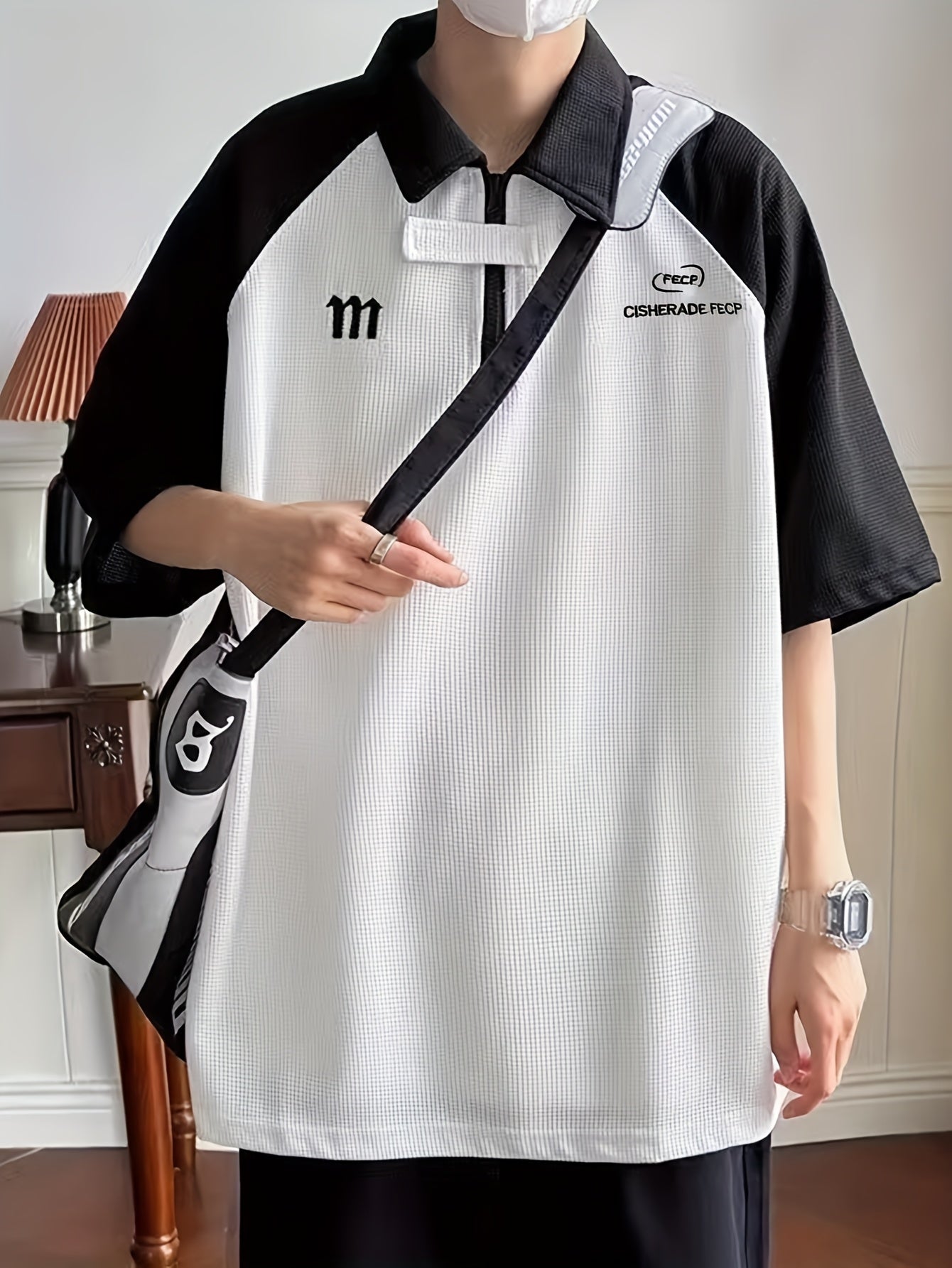 Men'S Casual Color Block T-Shirt - Summer Short Sleeve, Half-Zip, Lapel Collar, Heavyweight Polyester Top