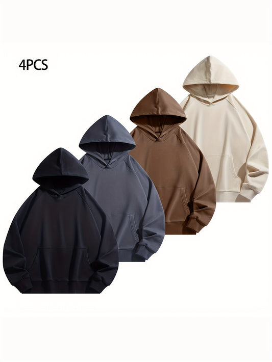 4pcs Solid Color Hoodies with Kangaroo Pocket - Casual & Sporty Men's Pullover Sweatshirts for Fall