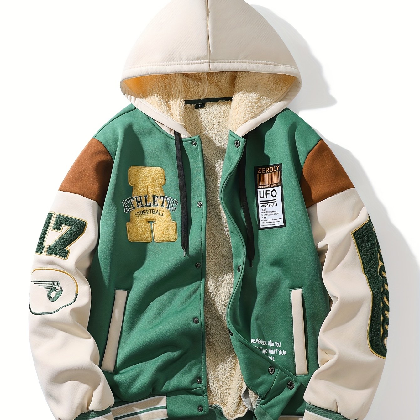Men'S Casual Hooded Baseball Jacket with Embroidered Lettering, Color Block Design, Snap Closure