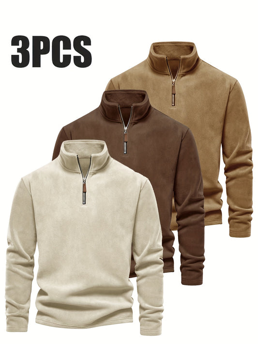 Men'S 3pcs Winter Fleece Half-Zip Pullover Set - Stand Collar Long Sleeve Casual Sweatshirts, Machine Washable