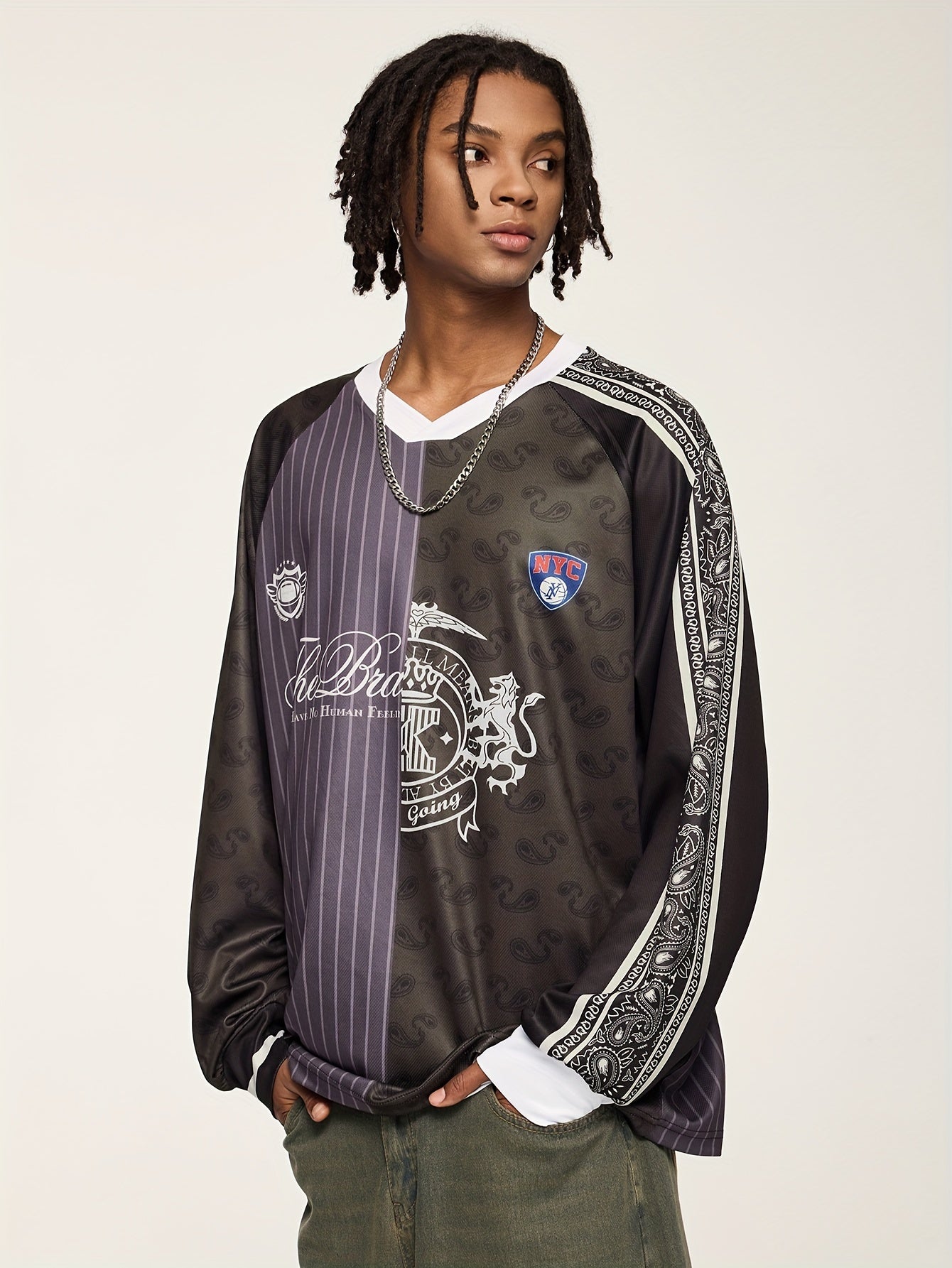 Men'S Vintage Baseball Graphic T-Shirt - Loose Fit Long Sleeve Tee with V-Neck