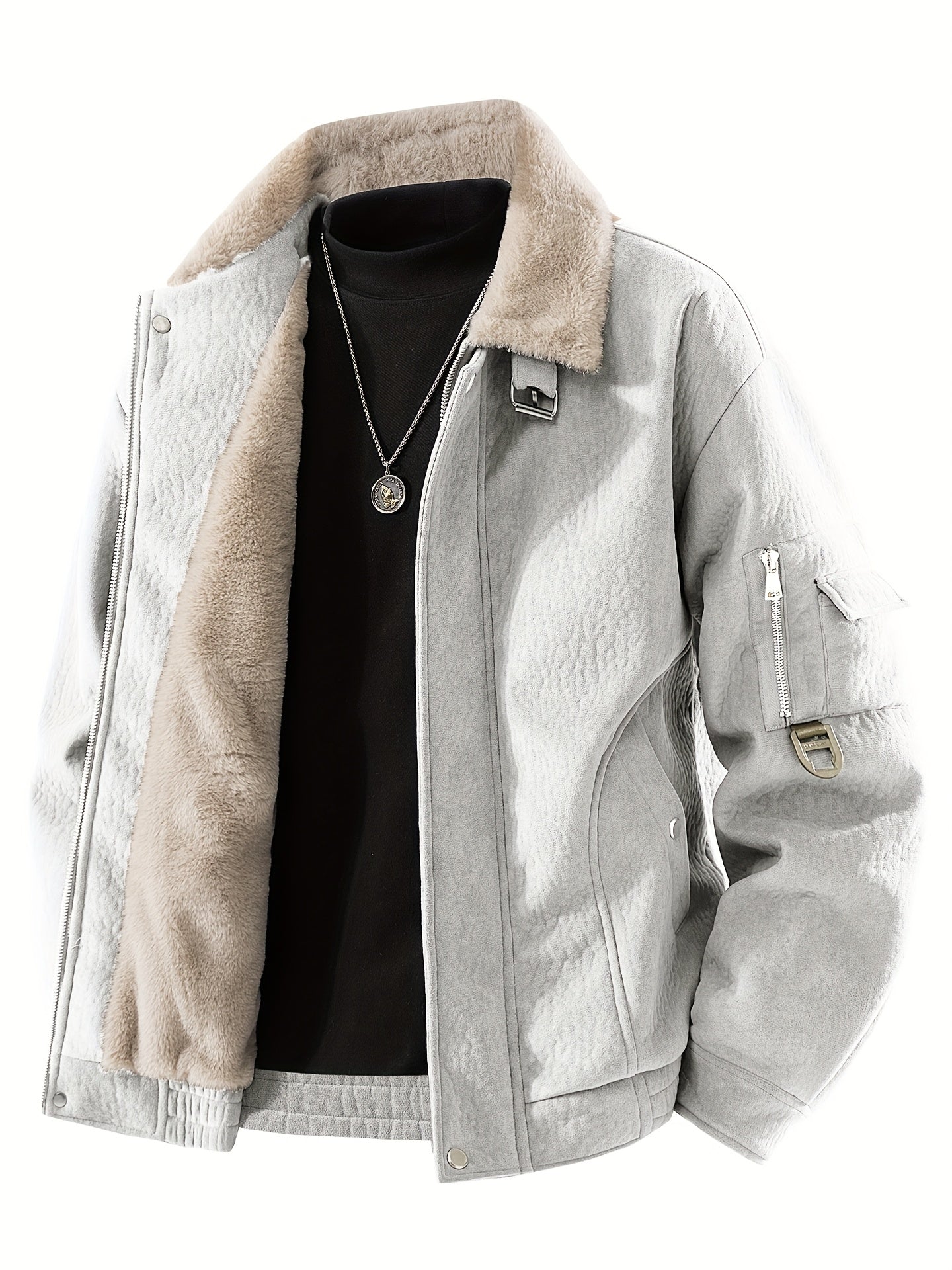 Men's Fleece Jacket with Full-Zip Closure & Fur Collar - Winter Warm Brown Coat