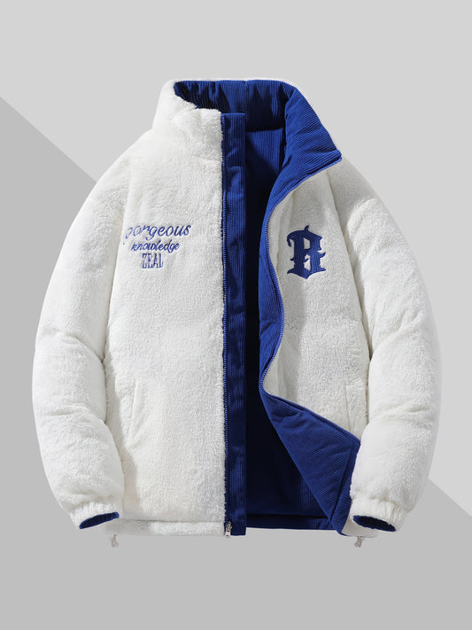 Men's Reversible Winter Jacket with Fleece Lining - Two-Sided Full-Zip Coat, Stand Collar & Logo Patch (R)