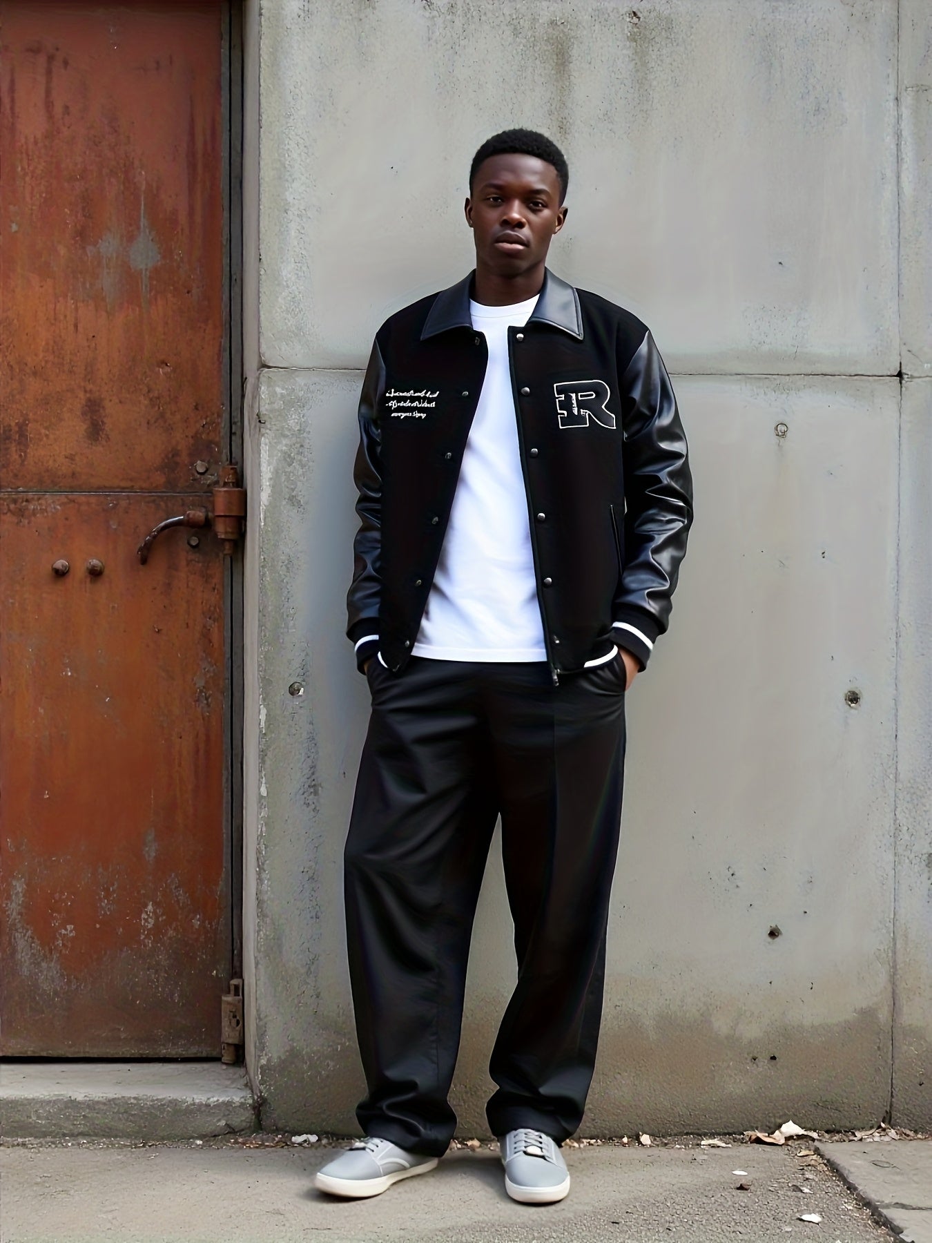 2025 Autumn Winter Men'S Black Baseball Jacket - High Street Embroidery, R Letter Patch