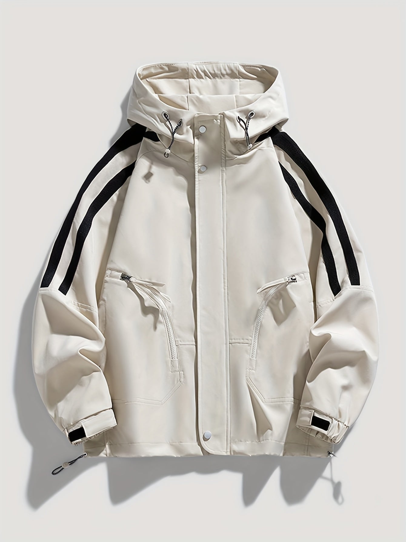 Men'S Casual Hooded Windbreaker Jacket - Loose Fit Striped Design with Black & White Stripes