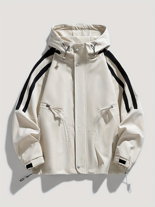 Men'S Casual Hooded Windbreaker Jacket - Loose Fit Striped Design with Black & White Stripes