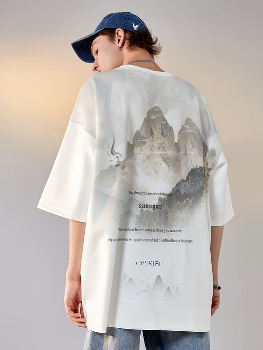 Men's Casual Loose-Fit Short Sleeve T-Shirt - White Mountain & Crane Print, Lightweight Polyester Blend