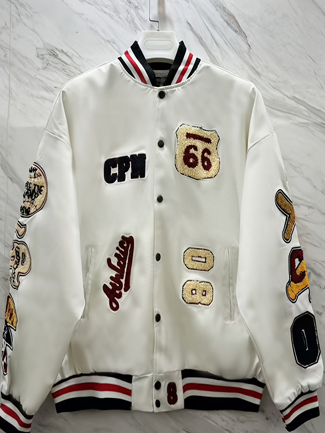 Men'S Embroidered Baseball Jacket, Casual Faux Leather with Polyester Lining, Stand Collar