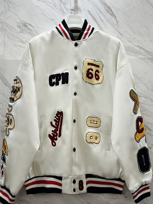 Men'S Embroidered Baseball Jacket, Casual Faux Leather with Polyester Lining, Stand Collar